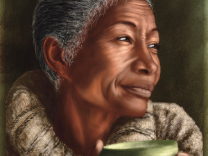 A Quiet Moment. An African American Woman with salt and pepper hair pulled back, wearing a thick collared knit beige sweater and holding a green coffee mug between her hands as she gazed to the right side of the canvas enjoying a quiet moment.