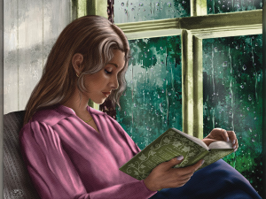Young woman reading a botanical-covered book beside a rain-streaked window; lush green exterior beyond the glass. Digital painting in Painterly Realism by Sharon O'Shea Wood, Shadowmyst Art.