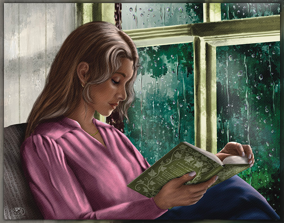 "A Rainy Afternoon" — woman reading a botanical book beside a rain-streaked window, Painterly Realism digital painting by Shadowmyst Art