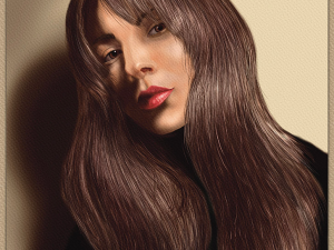 A Thousand Words Unspoken, A woman with long brunette hair facing front with soft beige background and strong shadows. Shadowmyst Art. Sharon O’Shea Wood.