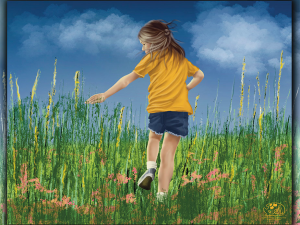 Childhood Summer Days, Digital Artwork, child in jean shorts, yellow shirt running in a field, left arm out to touch the tops of tall grass.