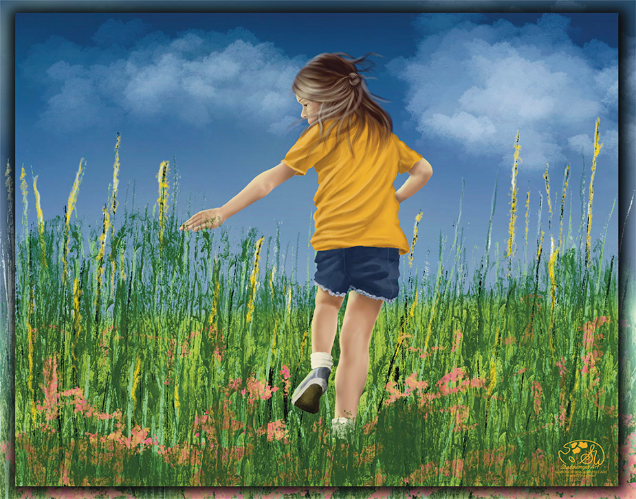 Young girl in a yellow shirt running through tall summer grass, reaching for wildflowers — Painterly Realism digital painting by Shadowmyst Art, Procreate on iPad Pro.