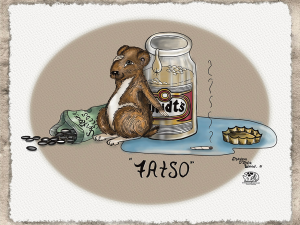 Caricature of hamster leaning on beer bottle and a bag of spilled sunflower seeds next to him. Watercolor.