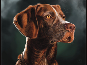 German Wirehaired Pointer, Example Pet Portrait Chestnut brown dog with orange eyes, white streak from nose up forehead, brown leather collar facing to right of canvas, Gradient moss green background.