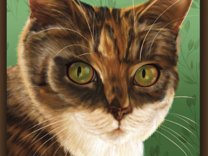 Madam Jaclyn Meownay, Domestic Short-hair Torby cat. Calico color tabby marking and white bib, yellow eyes set against Green pattern background. Shadowmyst Art, Sharon O’Shea Wood