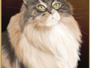 Micmac, Main Coon Cat, Silver Classic Tabby Maine Coon with large white bib and a bent right ear. Brown gradient background. Shadowmyst Art, Sharon O’Shea Wood