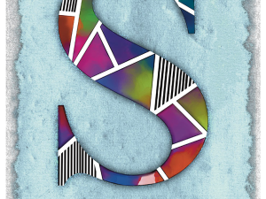 Mosaic Initial, S, Multi colored mosaic inside the letter “S” on blue texture background with torn paper edges.