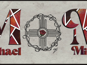 Custom Designed mug label, Letter “M” for Michael printed on white ceramic Mug. Shadowmyst Art, Sharon O’Shea Wood