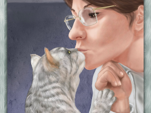 Digital portrait of woman Chriss sharing a nose kiss with Betty, her Silver Tabby cat. Commissioned human and pet portrait by Shadowmyst Art. Painterly realism, Procreate.