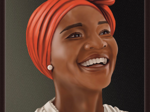 Radiant, A Portrait Example. African American woman with orange head scarf, a white blouse and pearl earrings. She is happy and smiling.