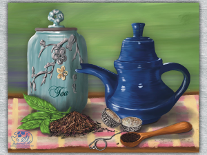 A collection of tea related items including blue teapot, ceramic canister, silver teaball, wooden spoon with dry tea leaves.