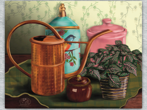 The Shapes of Memories, a still life, copper watering can, decorative canister, pink ceramic canister, Fittonia plant on green plaid