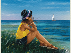Woman in yellow top holds hat against ocean wind, seated in coastal wildflowers watching a sailboat. Painterly realism digital painting. Shadowmyst Art, Sharon O'Shea Wood. Procreate, iPad Pro.