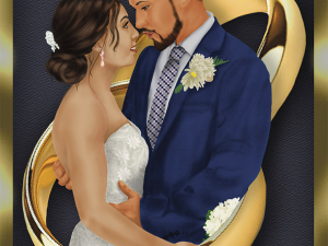 Two Rings, One Heart, Bride and groom wedding photo inserted into two gold wedding bands sharing an intimate look on their special day.