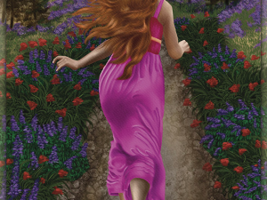 "Unrestrained" — woman running garden path digital painting with hair and dress caught in the breeze, Painterly Realism art by Shadowmyst Art