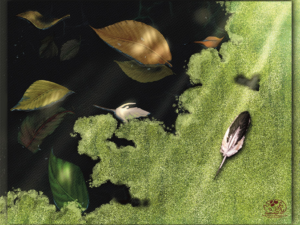 "Autumn's Edge" digital painting of fallen autumn leaves and a feather resting on green duckweed by dark water, Painterly Realism art by Shadowmyst Art
