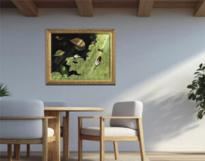 "Autumn's Edge" autumn leaves and duckweed painting displayed framed on a dining room wall, Painterly Realism digital art by Shadowmyst Art