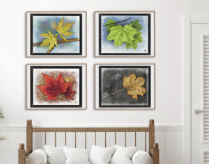 Seasonal Leaves Series Spring digital artwork displayed framed on a wall above a console.