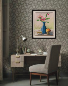“Lenten Rose in Blue Vase - Still Life”, Displayed Framed on a desk. Painterly Realism digital art by Shadowmyst Art