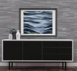 "Autumn Drift" pond painting displayed framed above a black console table, Painterly Realism digital art by Shadowmyst Art