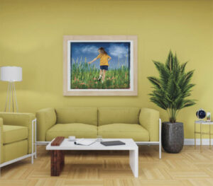 Childhood Summer Days digital artwork framed and displayed above a sofa in a sunlit yellow living room.