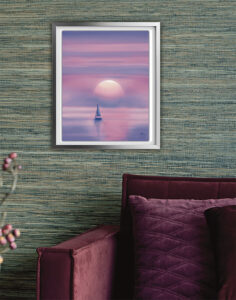 "Gentle Passage" ocean sunset abstract painting displayed framed on a white brick wall, Painterly Realism digital art by Shadowmyst Art