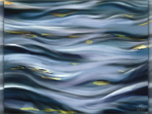 "Autumn Drift" abstract digital painting of golden autumn leaves drifting across rippling blue water, Painterly Realism art by Shadowmyst Art