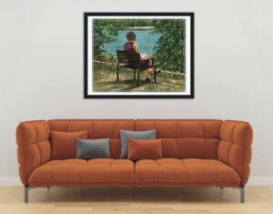 "Nature, a Good Book, and a Park Bench" digital painting displayed framed above an orange sofa, Painterly Realism art by Shadowmyst Art