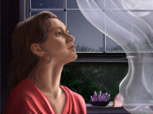 Full moon painting by Shadowmyst Art: a young woman in a coral blouse gazes up through an open window at a full moon and starry sky, sheer curtains billowing, an amethyst cluster and rose quartz tower on the sill.