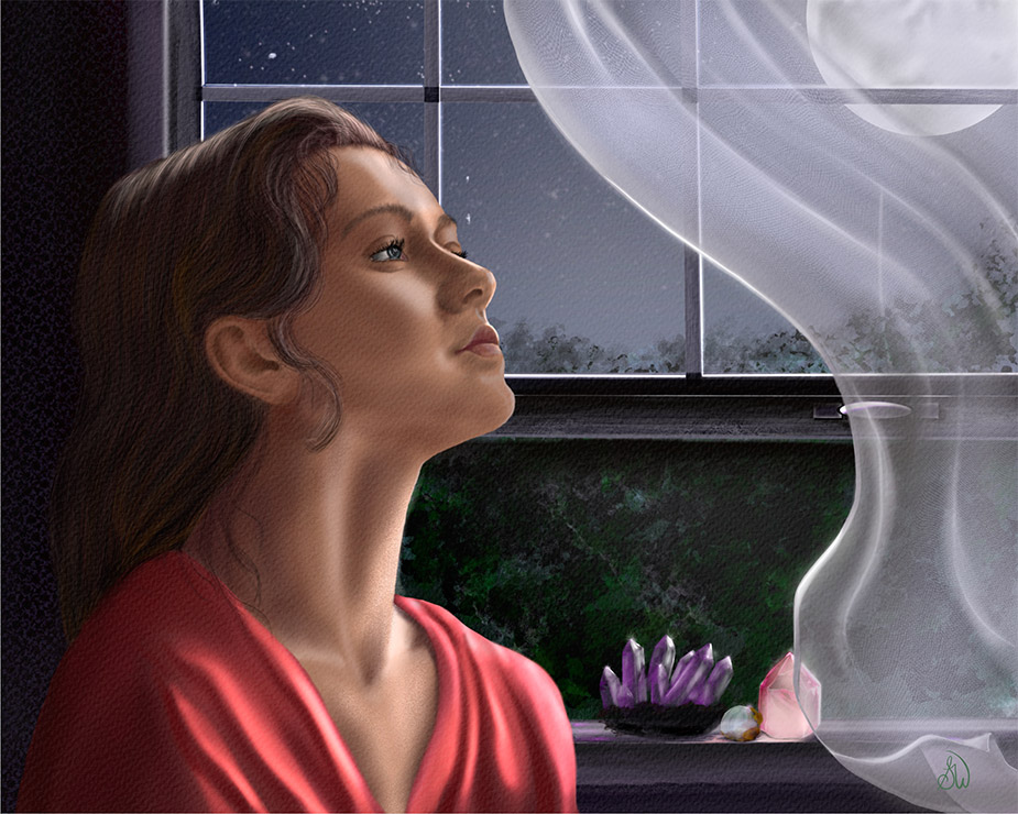 Full moon painting by Shadowmyst Art: a young woman in a coral blouse gazes up through an open window at a full moon and starry sky, sheer curtains billowing, an amethyst cluster and rose quartz tower on the sill.