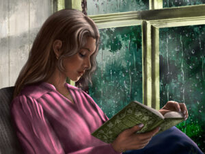 Woman reading painting by Shadowmyst Art: a young woman in a rose-pink blouse reads a green botanical-covered book beside a rain-streaked window, deep green foliage blurred beyond the glass, on a gray afternoon.