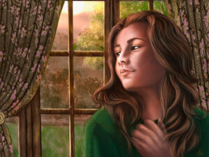 Woman at window painting by Shadowmyst Art: a woman with long auburn hair in a green sweater gazes from a wood-framed window at golden sunset light over a garden, framed by floral curtains, hand resting at her collar.