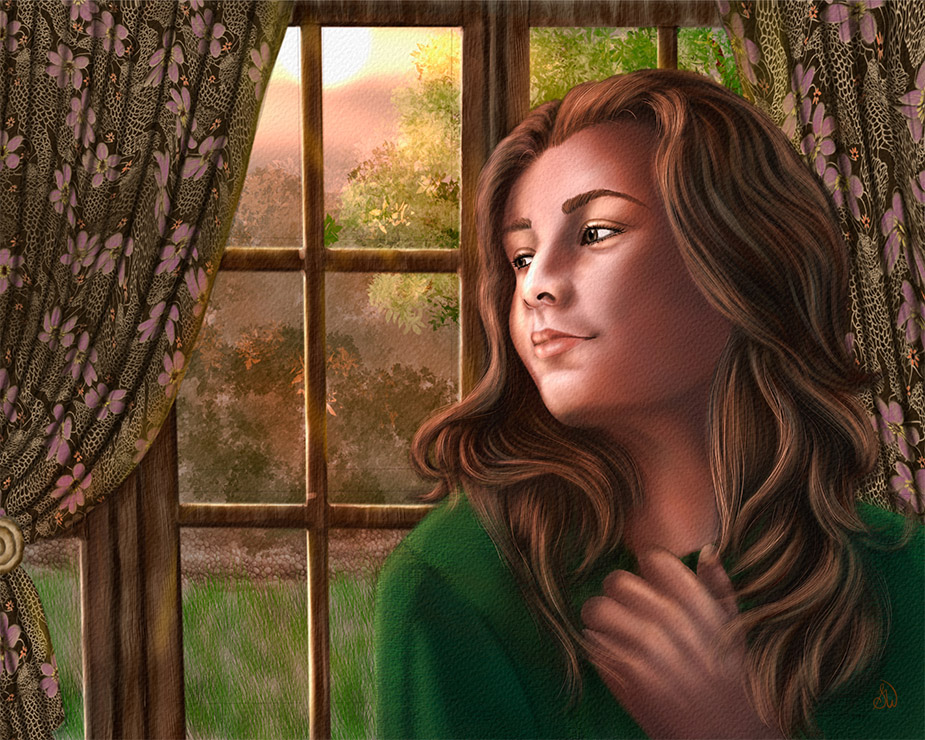 Woman at window painting by Shadowmyst Art: a woman with long auburn hair in a green sweater gazes from a wood-framed window at golden sunset light over a garden, framed by floral curtains, hand resting at her collar.