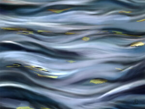Autumn Drift abstract digital painting of golden autumn leaves drifting across rippling blue water, Painterly Realism art by Shadowmyst Art