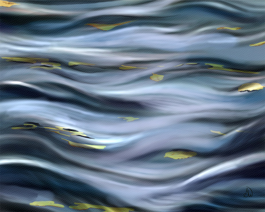 Autumn Drift abstract digital painting of golden autumn leaves drifting across rippling blue water, Painterly Realism art by Shadowmyst Art
