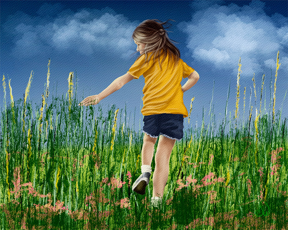 Young girl in a yellow shirt running through tall summer grass, reaching for wildflowers — Painterly Realism digital painting by Shadowmyst Art, Procreate on iPad Pro.