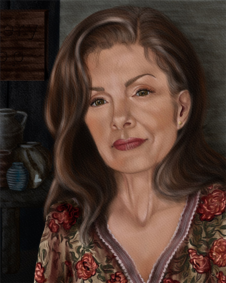 Business woman entrepreneur greeting a customer at her pottery shop doorway, Painterly Realism digital painting in Procreate on iPad Pro, Shadowmyst Art
