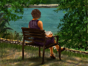 Nature, a Good Book, and a Park Bench" — woman reading on a lakeside park bench surrounded by trees, Painterly Realism art by Shadowmyst Art