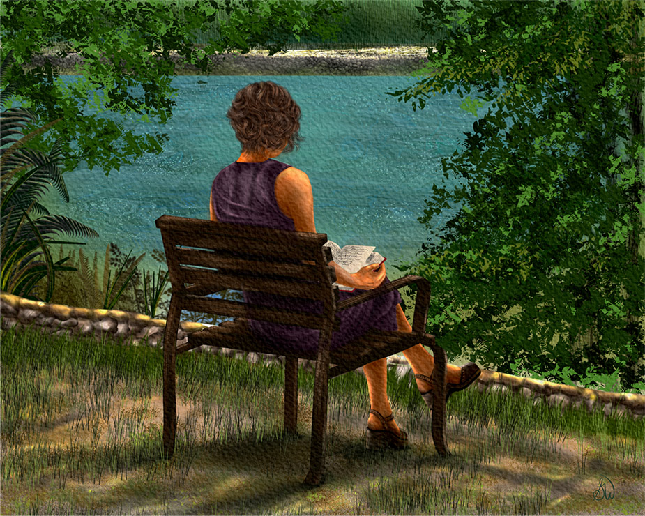 Nature, a Good Book, and a Park Bench" — woman reading on a lakeside park bench surrounded by trees, Painterly Realism art by Shadowmyst Art