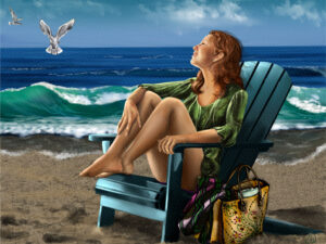 Ocean Ease painting, Digital artwork. Woman with curly brown hair sitting in a blue adirondack chair by the ocean. She is looking up at the sun and watching 2 seagulls flying over the water's edge. Shadowmyst Art. Sharon O'Shea Wood