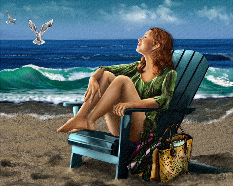 Ocean Ease painting, Digital artwork. Woman with curly brown hair sitting in a blue adirondack chair by the ocean. She is looking up at the sun and watching 2 seagulls flying over the water's edge. Shadowmyst Art. Sharon O'Shea Wood