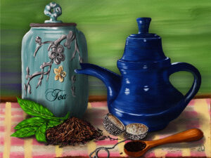 The comfort of tea still life featuring a teal tea canister, blue teapot, silver filigree teaball, and dried tea leaves — Painterly Realism digital painting by Shadowmyst Art.