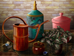 The Shapes of Memories still life featuring a copper watering can, teal bird-painted canister, pink ceramic jar, honey pot, and Fittonia plant — Painterly Realism digital painting by Shadowmyst Art.
