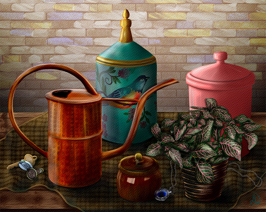 The Shapes of Memories still life featuring a copper watering can, teal bird-painted canister, pink ceramic jar, honey pot, and Fittonia plant — Painterly Realism digital painting by Shadowmyst Art.