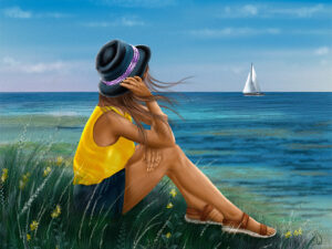 Woman in a yellow tank top and black hat sits among coastal wildflowers watching a distant sailboat — Painterly Realism digital painting by Shadowmyst Art, Procreate on iPad Pro.