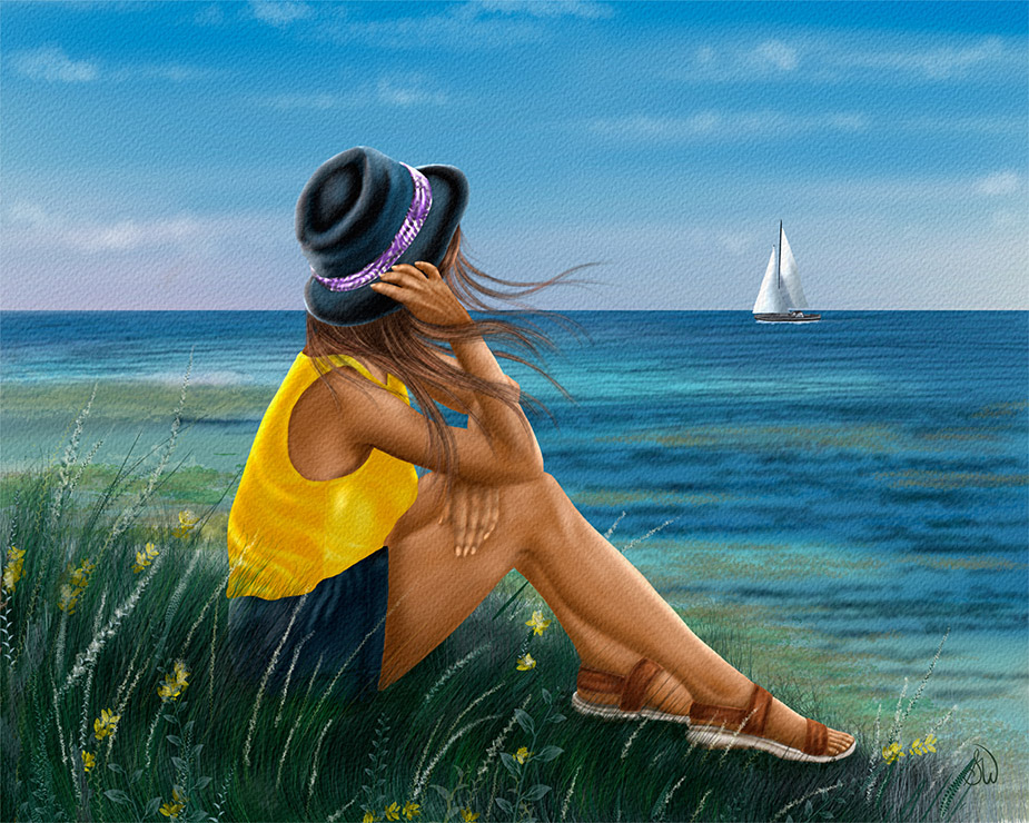 Woman in a yellow tank top and black hat sits among coastal wildflowers watching a distant sailboat — Painterly Realism digital painting by Shadowmyst Art, Procreate on iPad Pro.