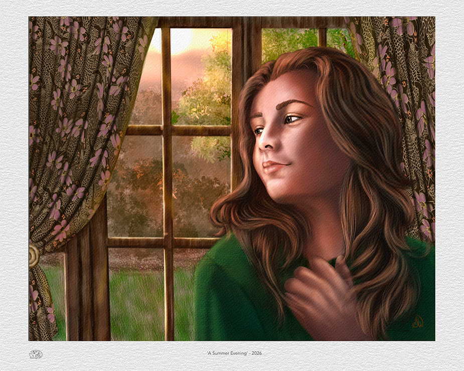 A Summer Evening, Windows Series Woman in a green blouse sits by a lace-curtained window at sunset — Painterly Realism digital painting created in Procreate on iPad Pro with Apple Pencil Pro, Shadowmyst Art print example.