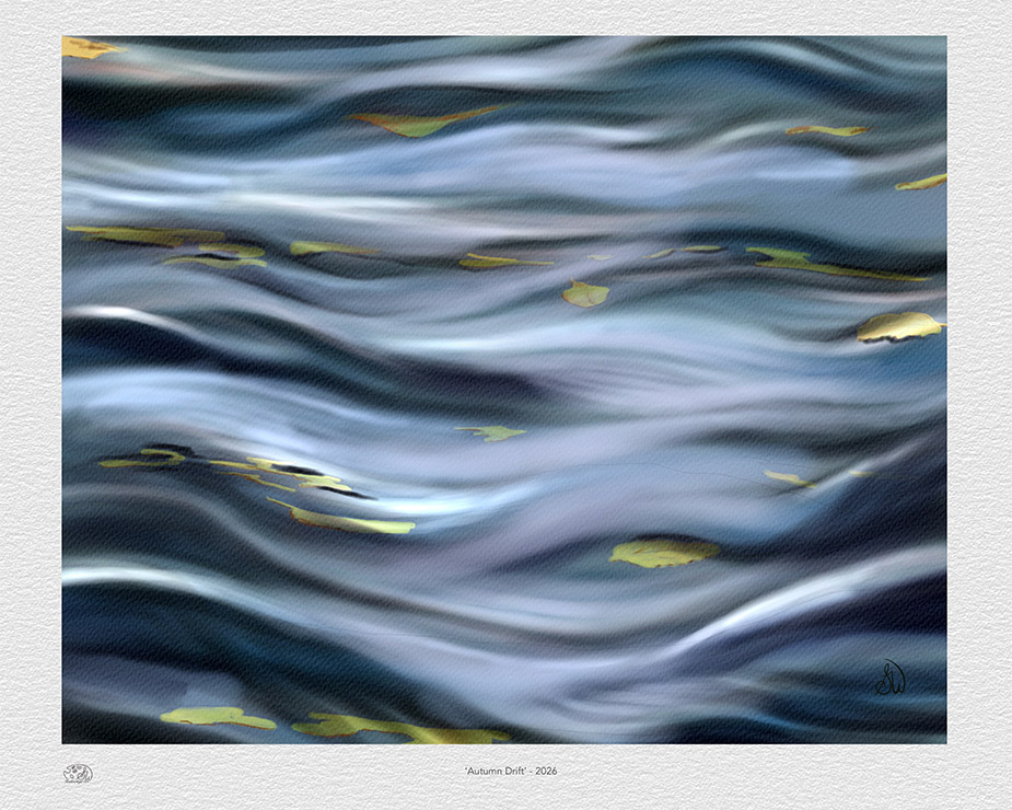Autumn Drift abstract digital painting of golden autumn leaves drifting across rippling blue water, Painterly Realism art by Shadowmyst Art print example.