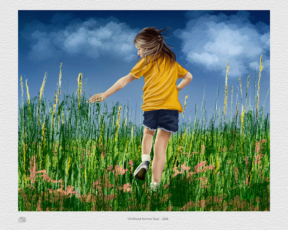 Young girl in a yellow shirt running through tall summer grass, reaching for wildflowers — Painterly Realism digital painting by Shadowmyst Art, Procreate on iPad Pro.