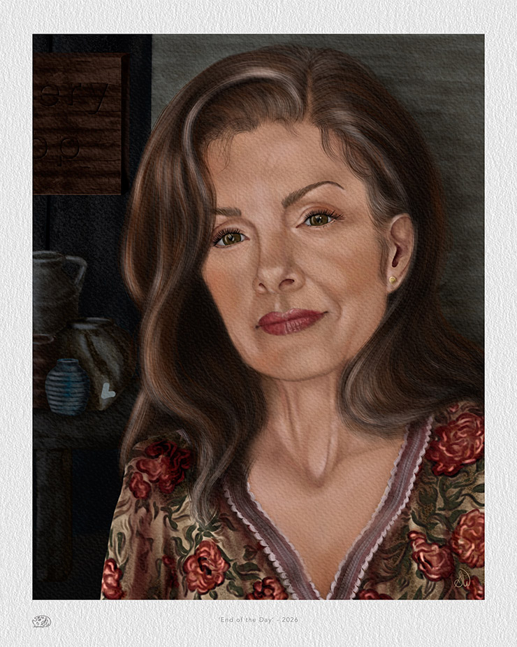 Business woman entrepreneur greeting a customer at her pottery shop doorway, Painterly Realism digital painting in Procreate on iPad Pro, Shadowmyst Art